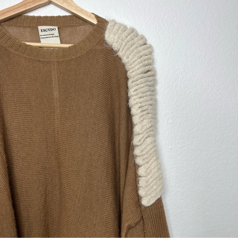 Escvdo Hand Wool Shoulder Embroidered Knit Sweater Brown Size Small